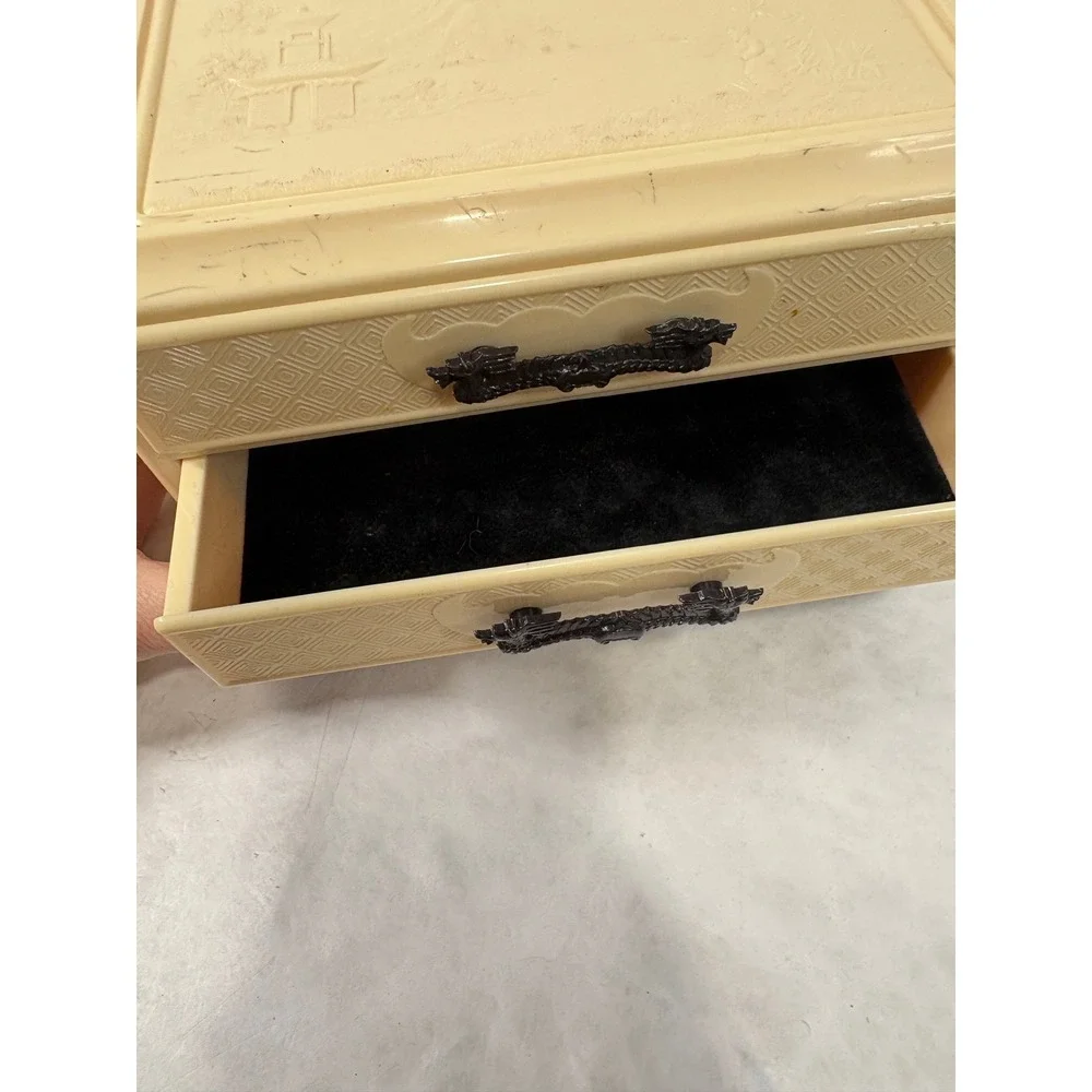 Vintage Chinoiserie Plastic Jewelry Box 3 Drawer Mini Chest Pagoda Cream Black